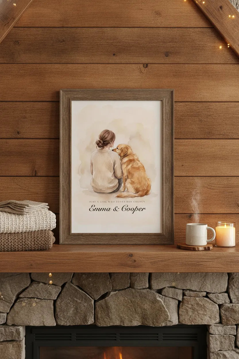 Personalized dog mom and golden retriever canvas framed on a rustic fireplace mantel