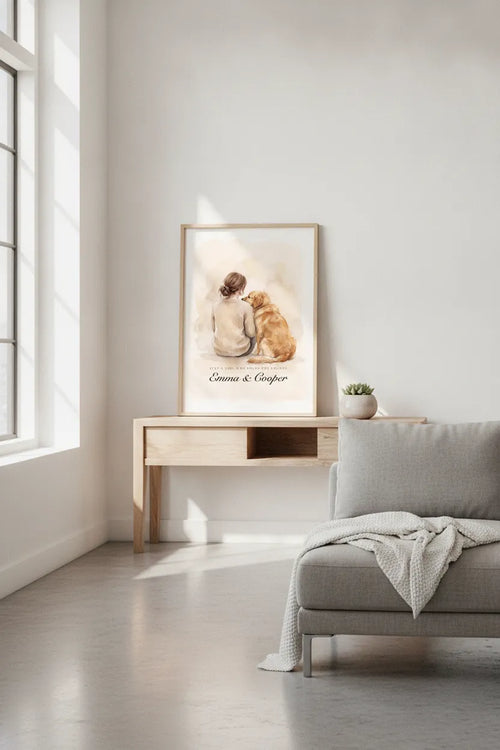 Golden retriever dog mom canvas in a bright living room, personalized watercolor wall art