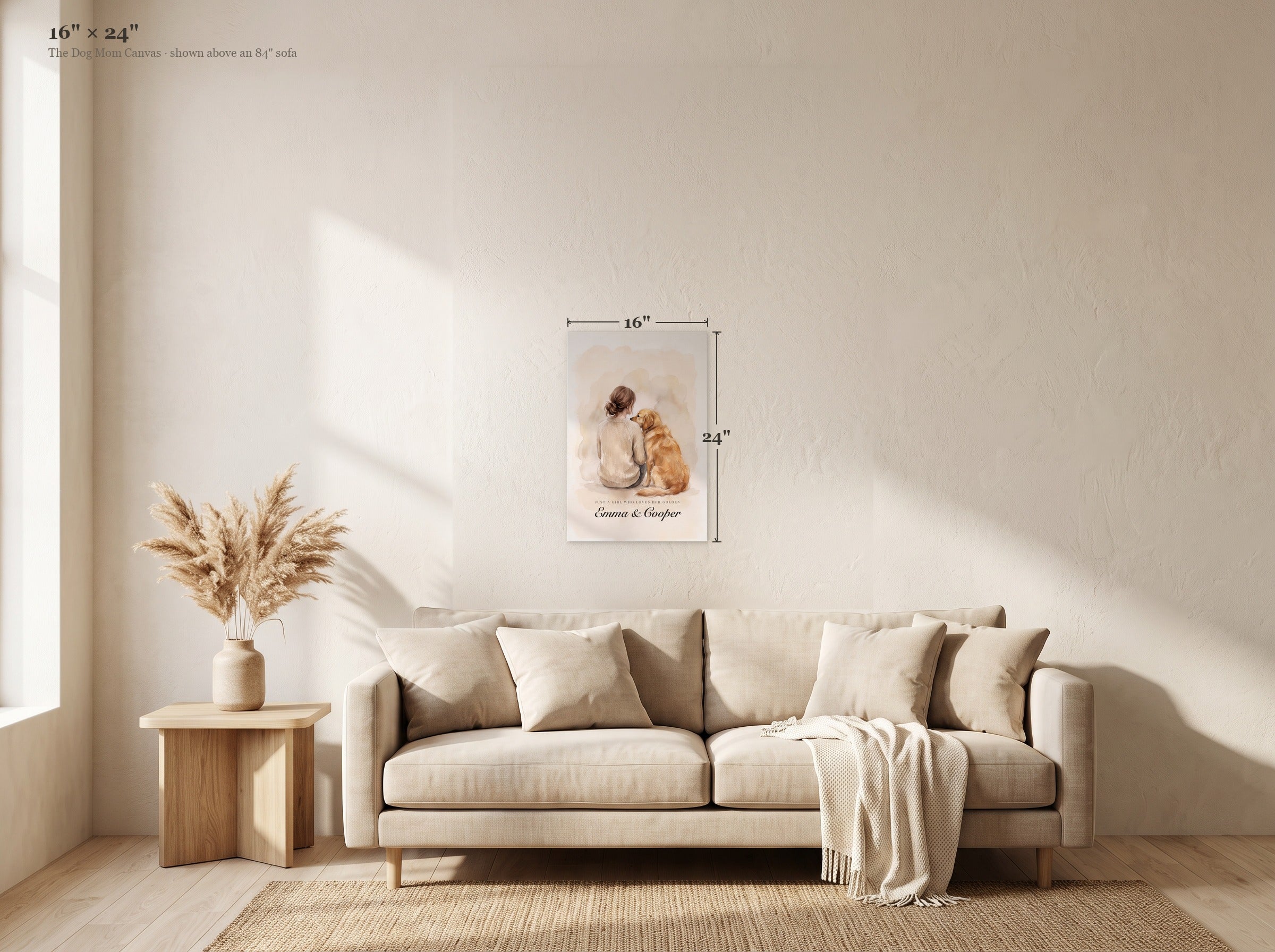 The Dog Mom canvas at 16 by 24 inches, shown on the same living room wall above an 84 inch sofa with width and height dimensions marked