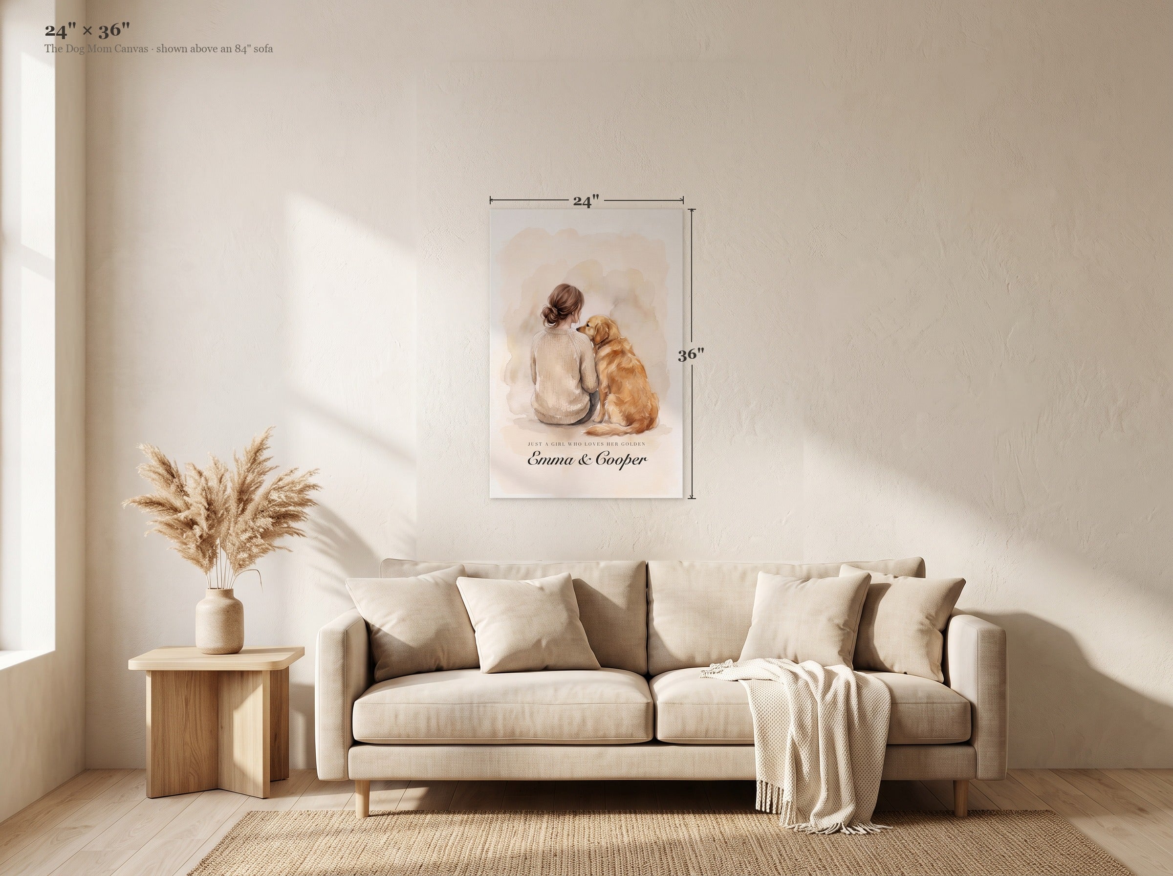 The Dog Mom canvas at 24 by 36 inches, shown on the same living room wall above an 84 inch sofa with width and height dimensions marked