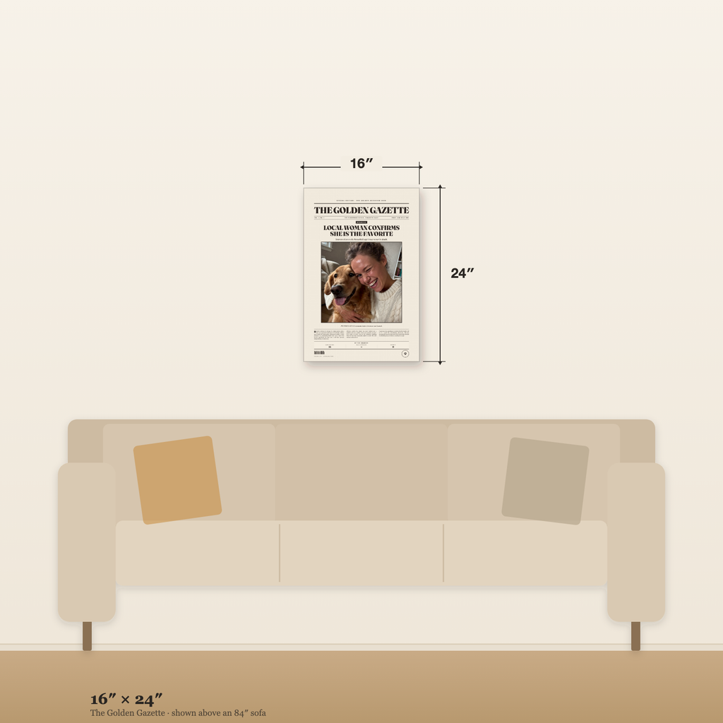 The Golden Gazette canvas at 16 by 24 inches on a wall above an 84 inch sofa, with width and height marked