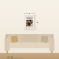 The Golden Gazette canvas at 16 by 24 inches on a wall above an 84 inch sofa, with width and height marked