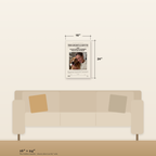 The Golden Gazette canvas at 16 by 24 inches on a wall above an 84 inch sofa, with width and height marked