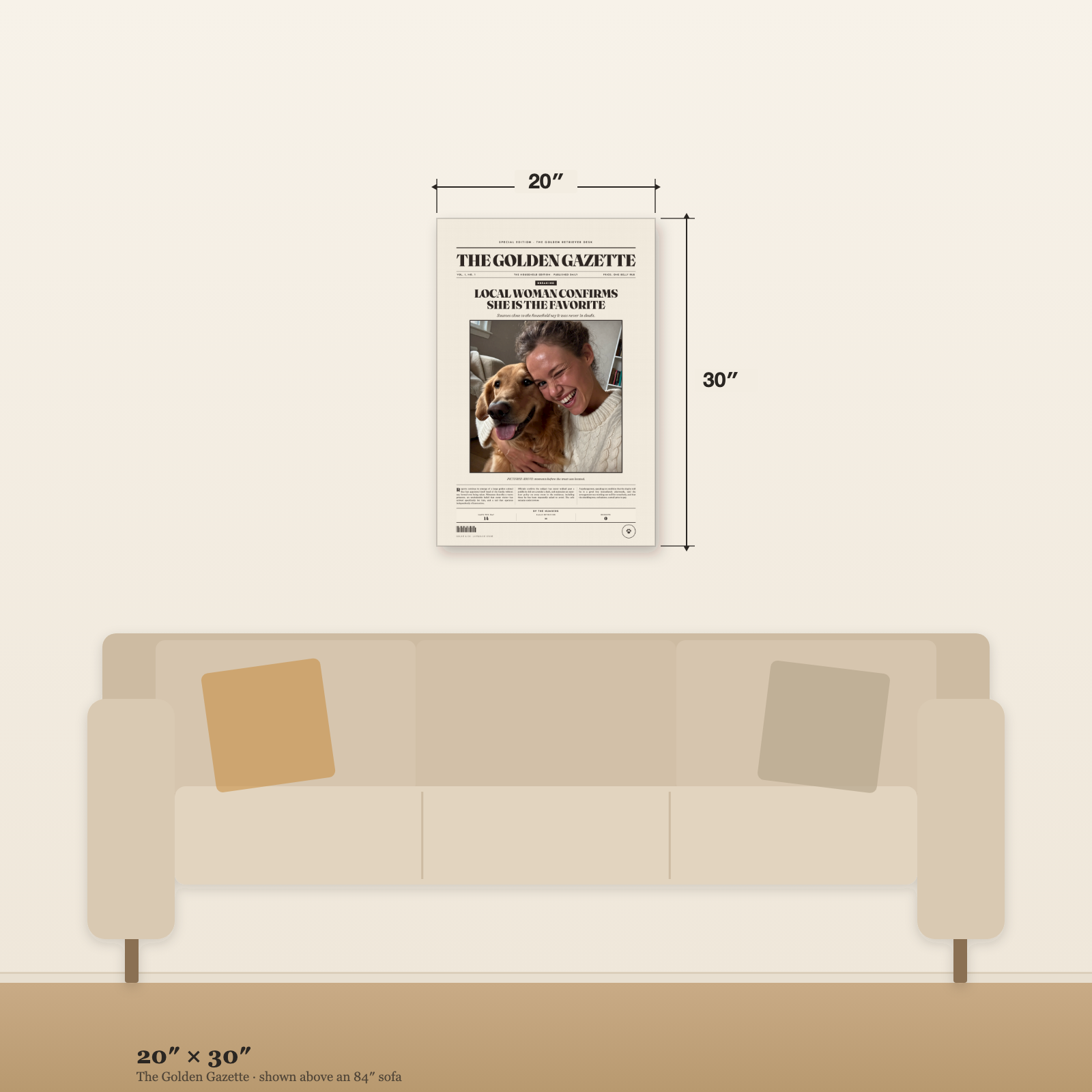 The Golden Gazette canvas at 20 by 30 inches on the same wall above an 84 inch sofa, with width and height marked