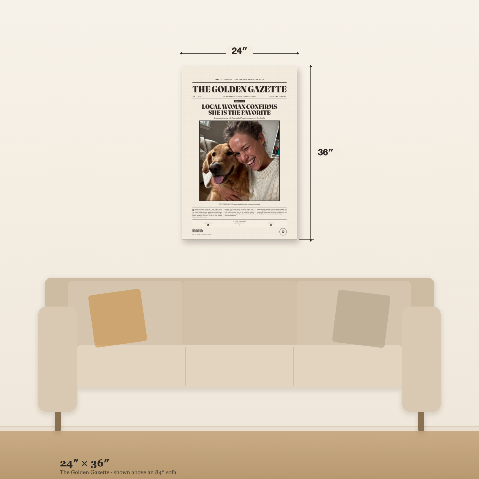 The Golden Gazette canvas at 24 by 36 inches on the same wall above an 84 inch sofa, with width and height marked