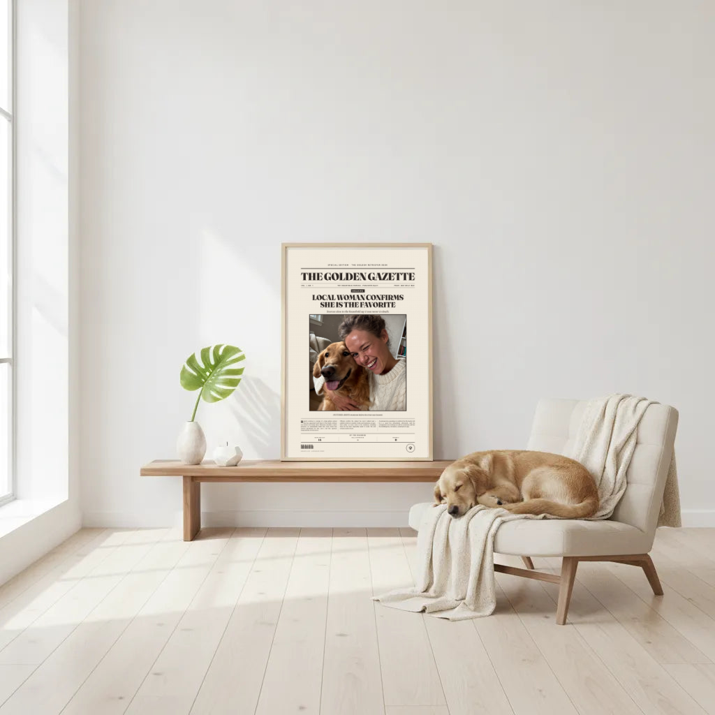 The Golden Gazette canvas framed on a bench in a bright room, with a golden retriever asleep on a chair beside it