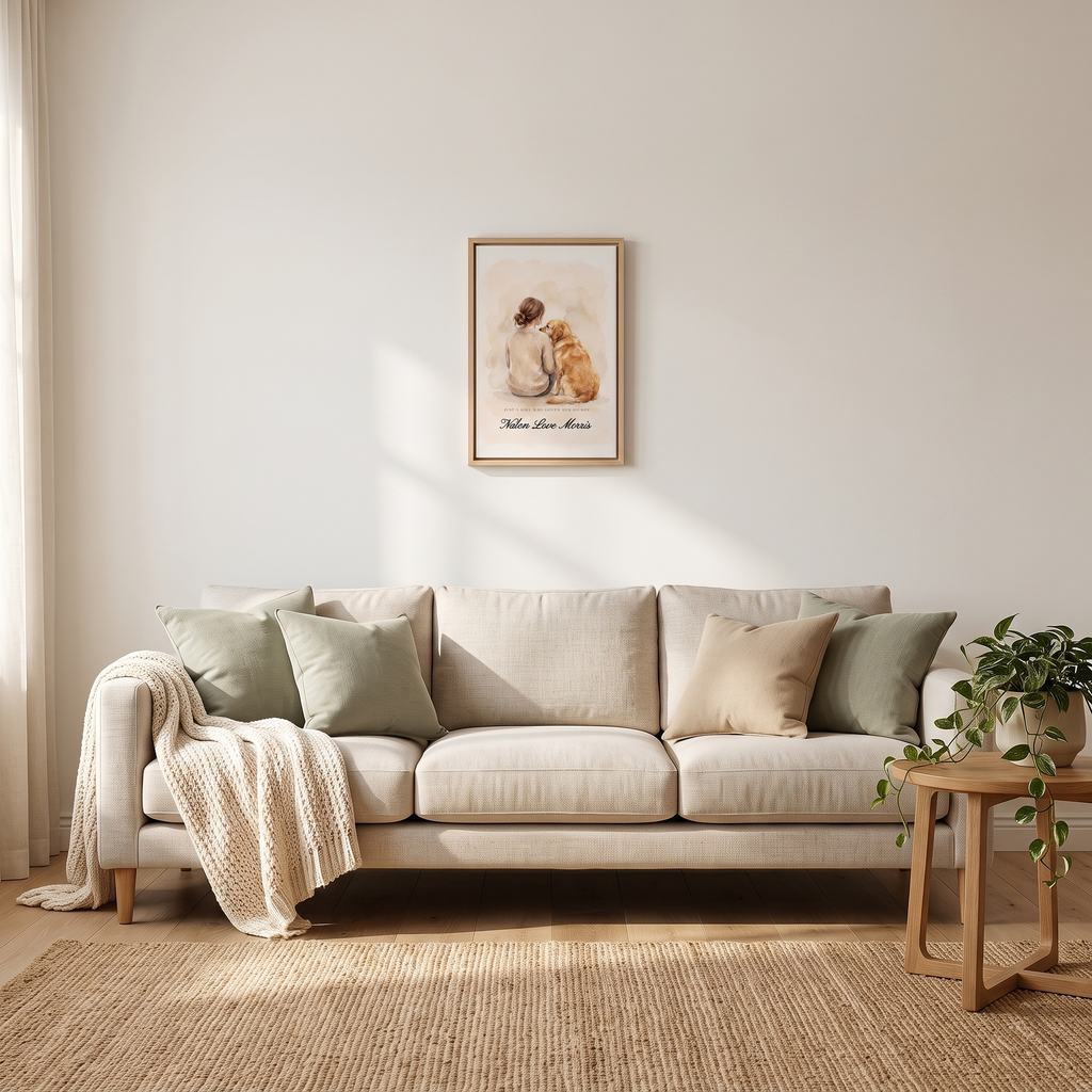 12 x 18 inch golden retriever dog mom canvas shown to scale above a living room sofa