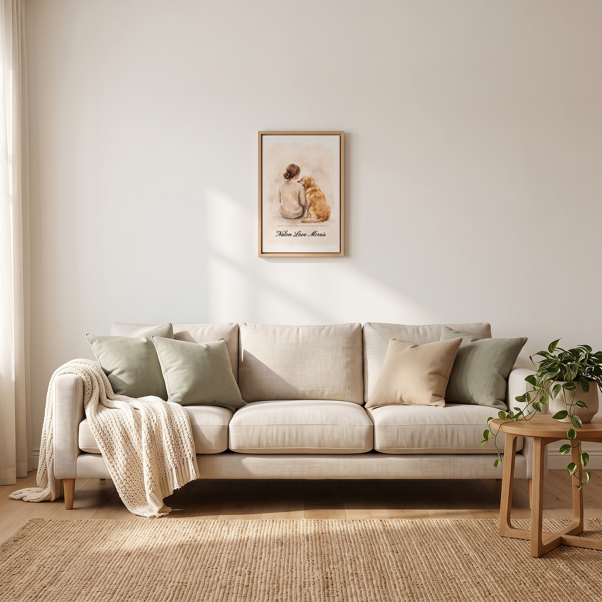 12 x 18 inch golden retriever dog mom canvas shown to scale above a living room sofa