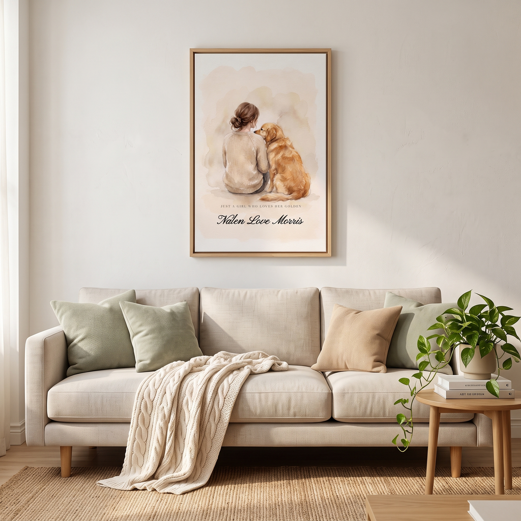 16 x 24 inch golden retriever dog mom canvas shown to scale above a living room sofa
