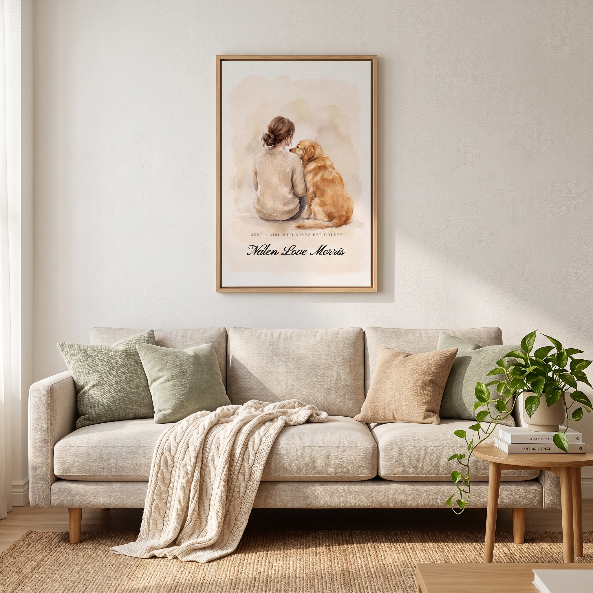 16 x 24 inch golden retriever dog mom canvas shown to scale above a living room sofa