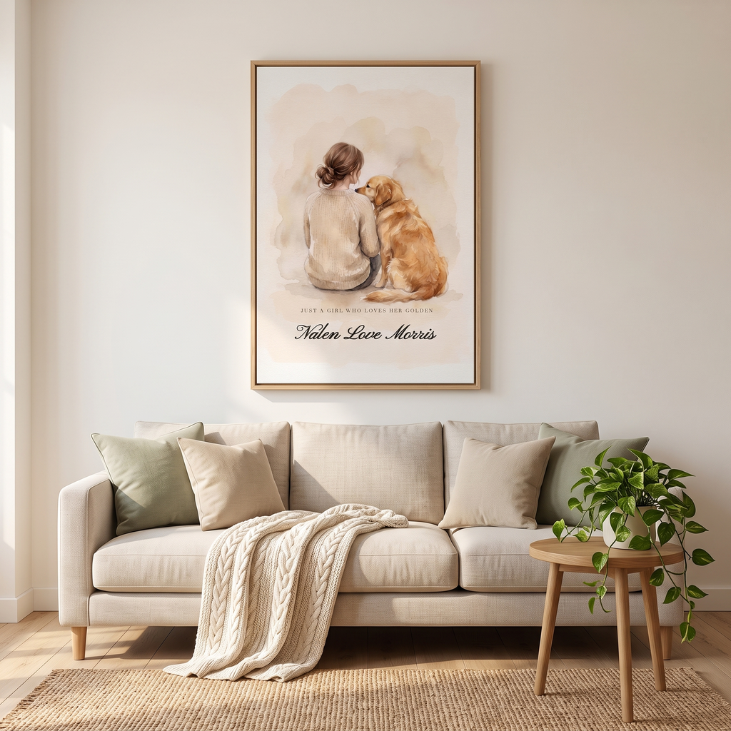 20 x 30 inch golden retriever dog mom canvas shown to scale above a living room sofa