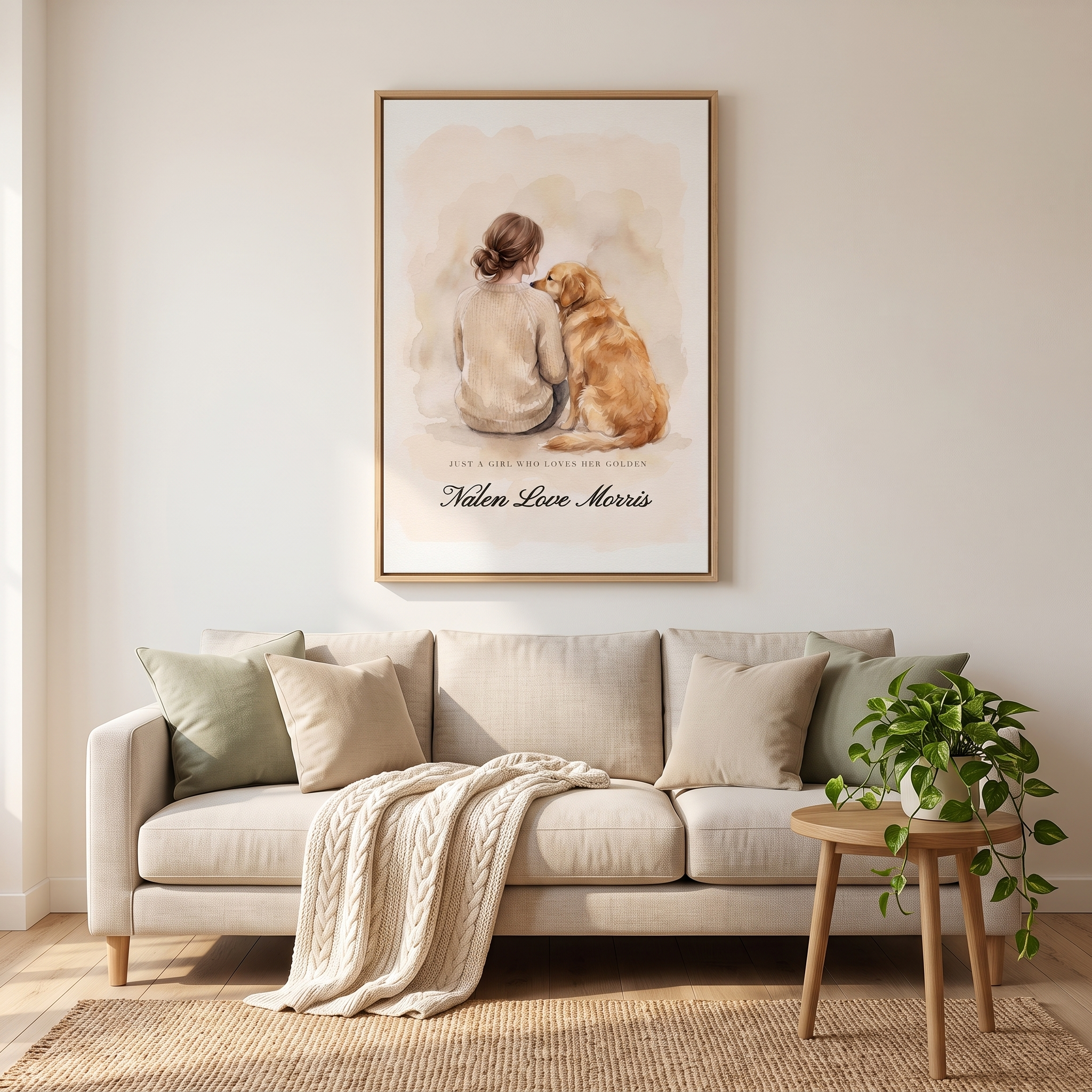 20 x 30 inch golden retriever dog mom canvas shown to scale above a living room sofa