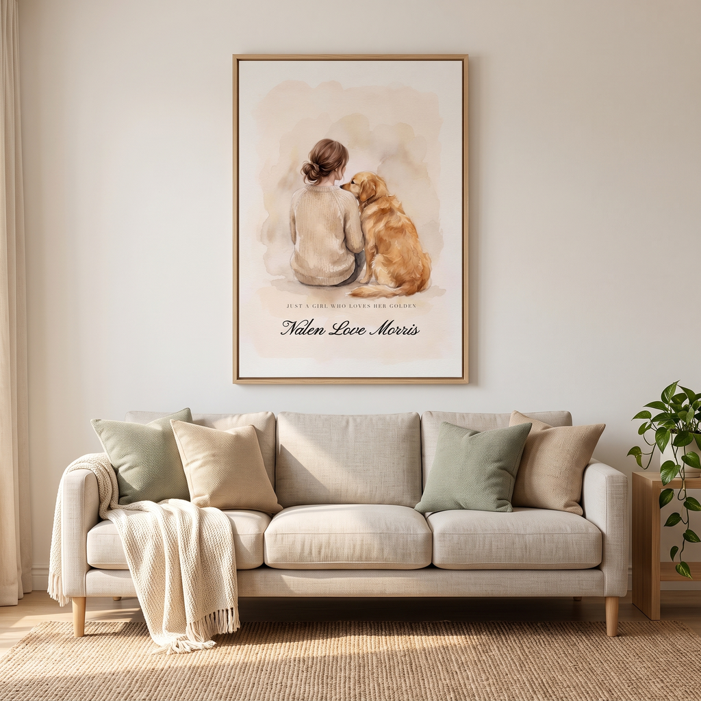 24 x 36 inch golden retriever dog mom canvas shown to scale above a living room sofa