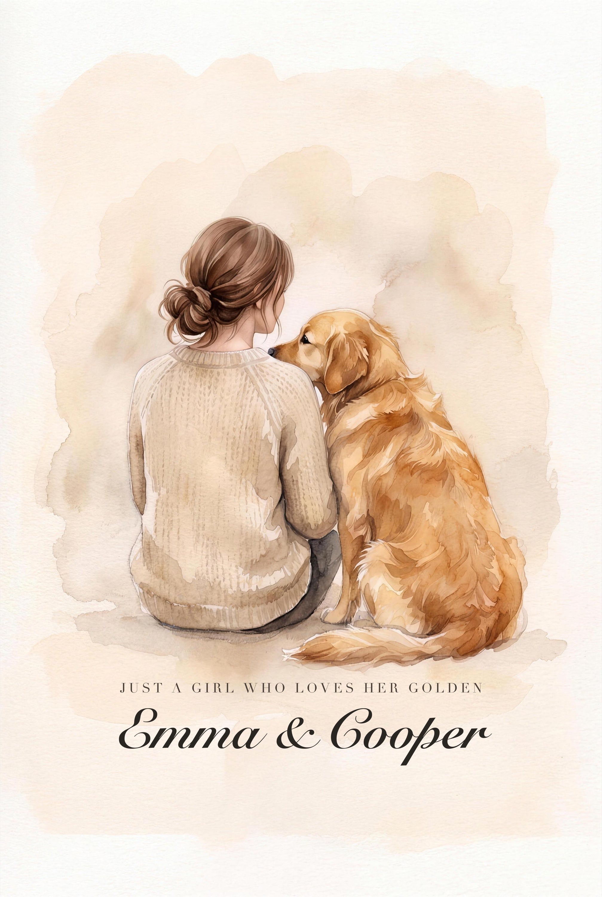 Personalized golden retriever dog mom canvas in soft watercolor, showing a woman and her golden with the names Emma & Cooper