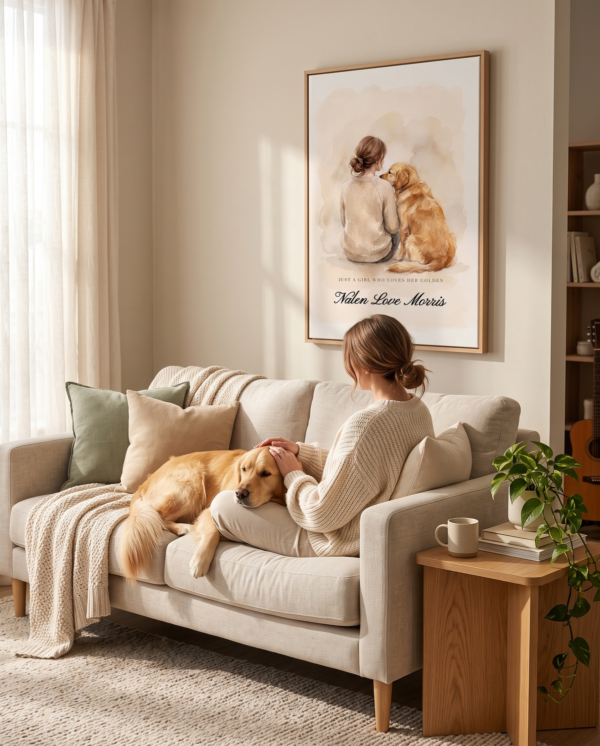 Dog mom relaxing on the sofa with her golden retriever beneath her personalized watercolor canvas